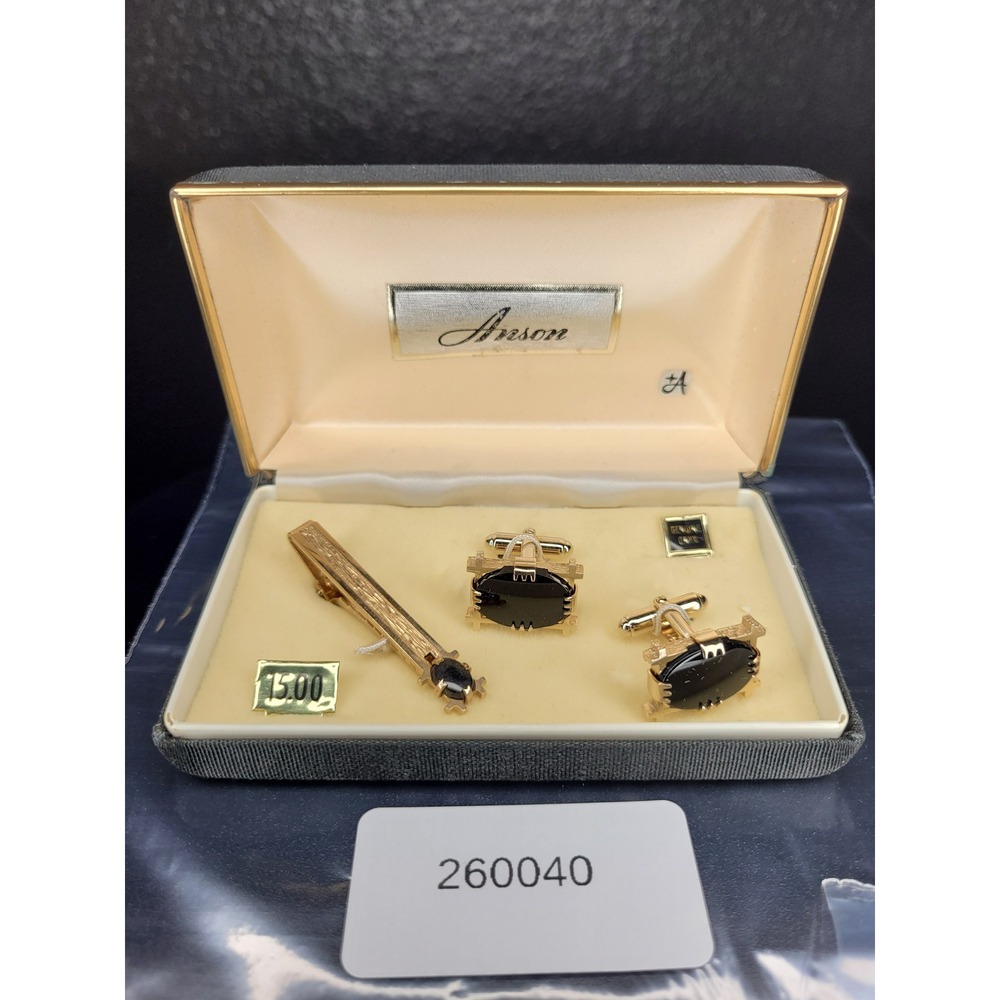 Anson Tie Clip and Cufflinks Set Gold Tone Black Stone Textured with Box